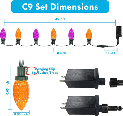 2PK 100 LED 98FT Orange and Purple C9 Halloween Lights Waterproof Indoor Outdoor, Extendable Halloween String Lights Green Wire for outside Party Trees Fall Lights Garden Halloween Decorations