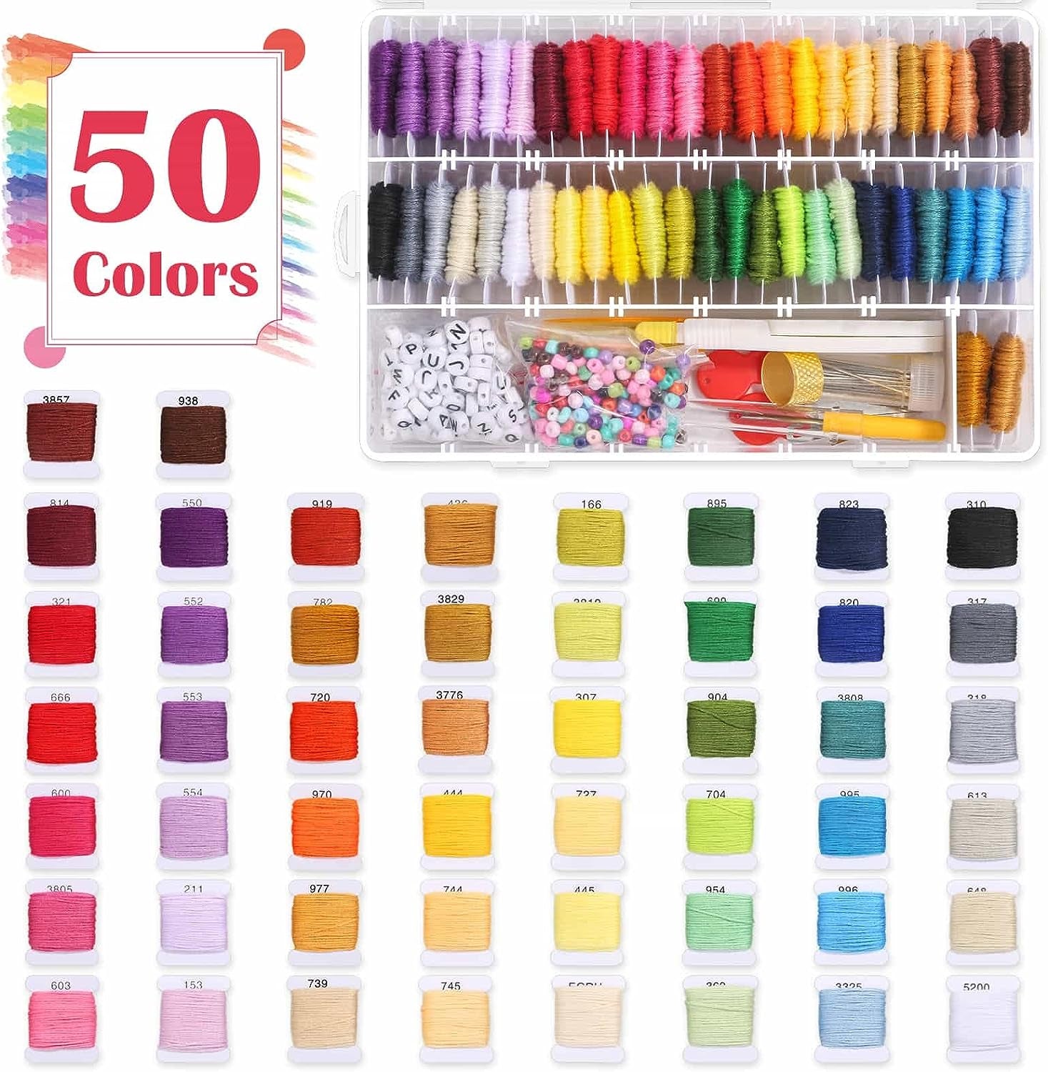 488Pcs String Bracelet Making Kit, Friendship Bracelet String Kit with 50 Skeins Embroidery Floss Cross Stitch Thread, 400Pcs Friendship Bracelet Beads, 37Pcs Embroidery Tools