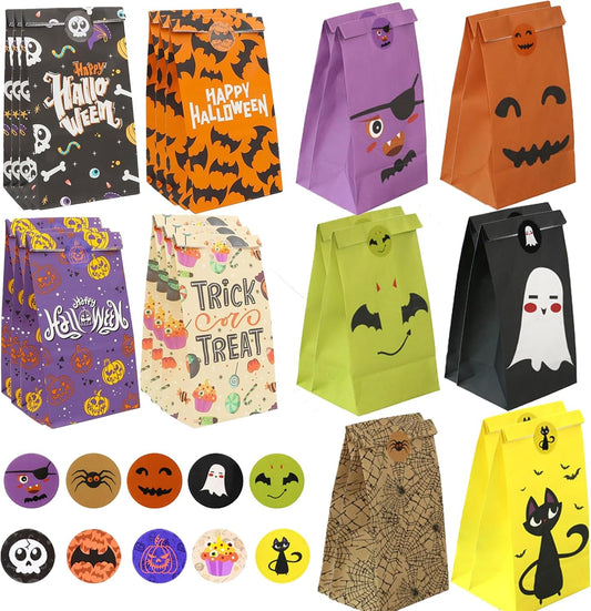 Halloween Candy Bags Party Favors - 24Pcs Halloween Trick or Treat Goody Gags Gift Treat Bags with 24 Pcs Halloween Stickers, Halloween Bags Party Supplies Small Gift Bags for Kids Girls Child Boys