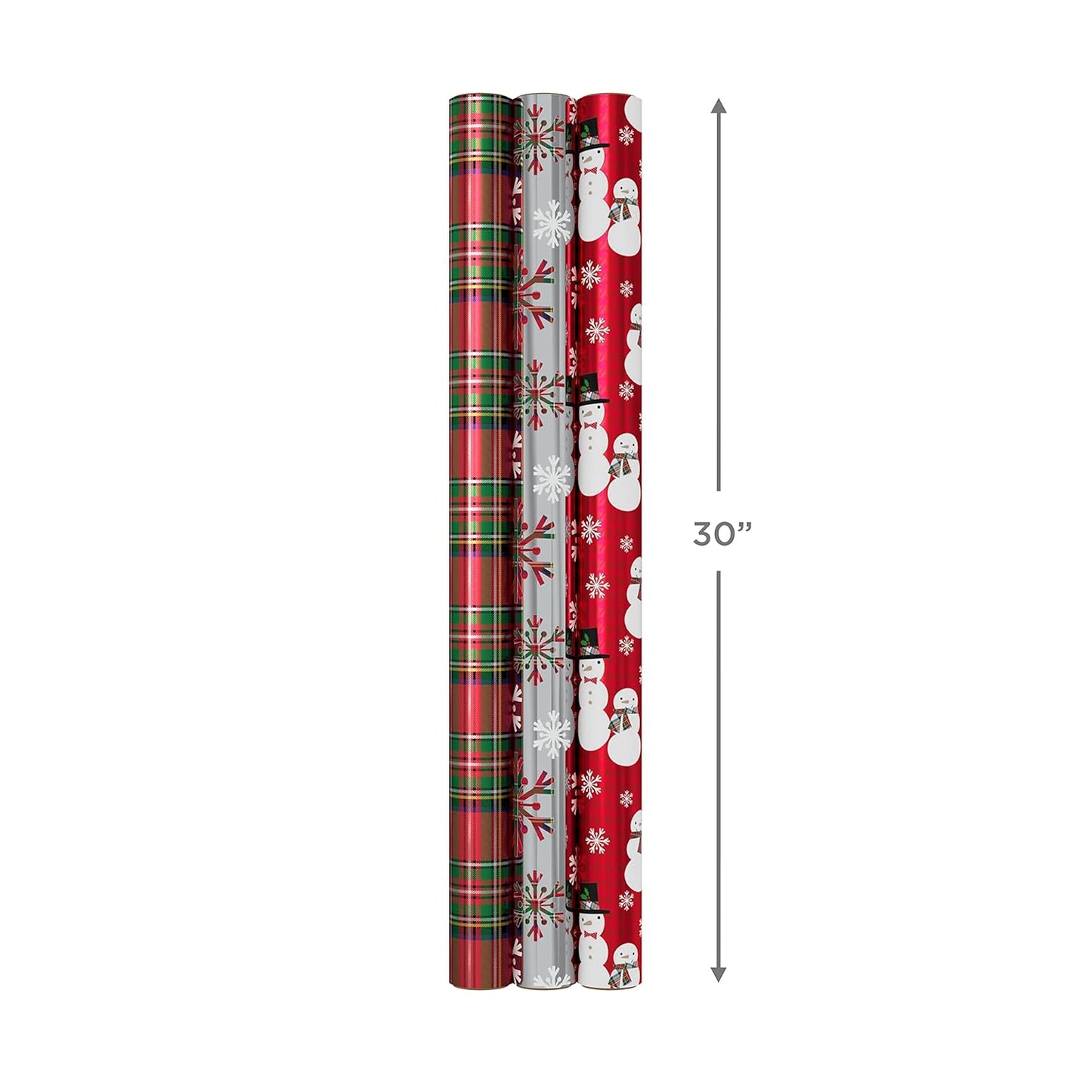 Foil Christmas Wrapping Paper with Cut Lines on Reverse (3 Rolls: 60 Sq. Ft. Ttl) Plaid Snowflakes, Snowmen, Tartan Plaid