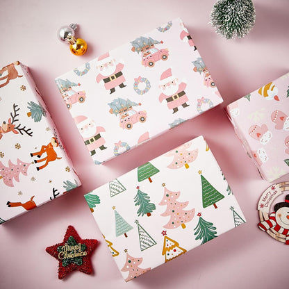 Pink Christmas Wrapping Paper for Boys Girls Kids - Cute Xmas Gift Wrap with Santa Christmas Tree Reindeer Design for Christmas Holiday Party Celebration - 20 X 28Inches per Sheet(8 Pack)