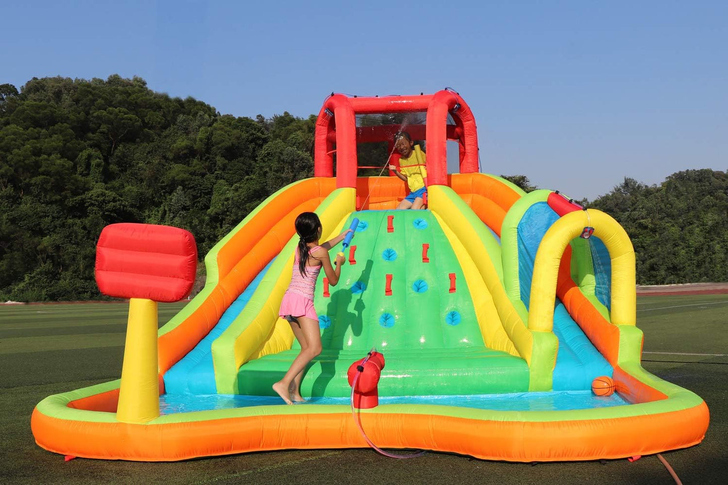 Inflatable Water Slide Adventure Park Game Center with Arched Gun Spray, Air Blower