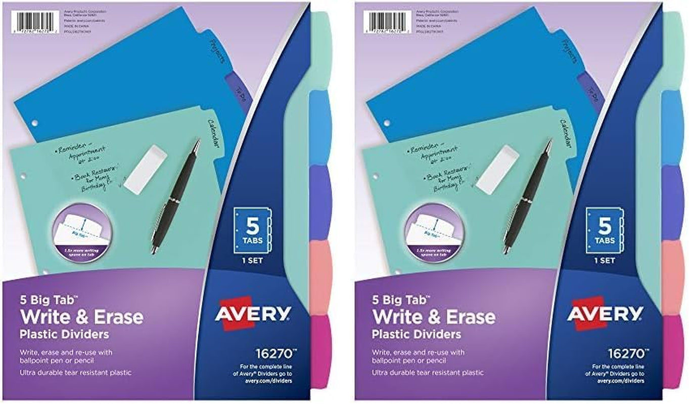 Durable Plastic 8-Tab Write & Erase Big Tab Dividers for 3 Ring Binders, Pastel Brights (16271)