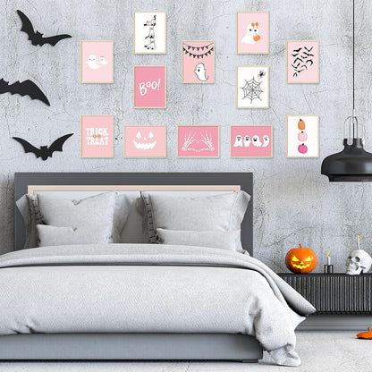 Halloween Wall Art Prints Pink Cute Ghost Boo Paper Posters Halloween Picture Decoration for Party Gallery Living Room Office, 8 X 10 Inch, Unframed