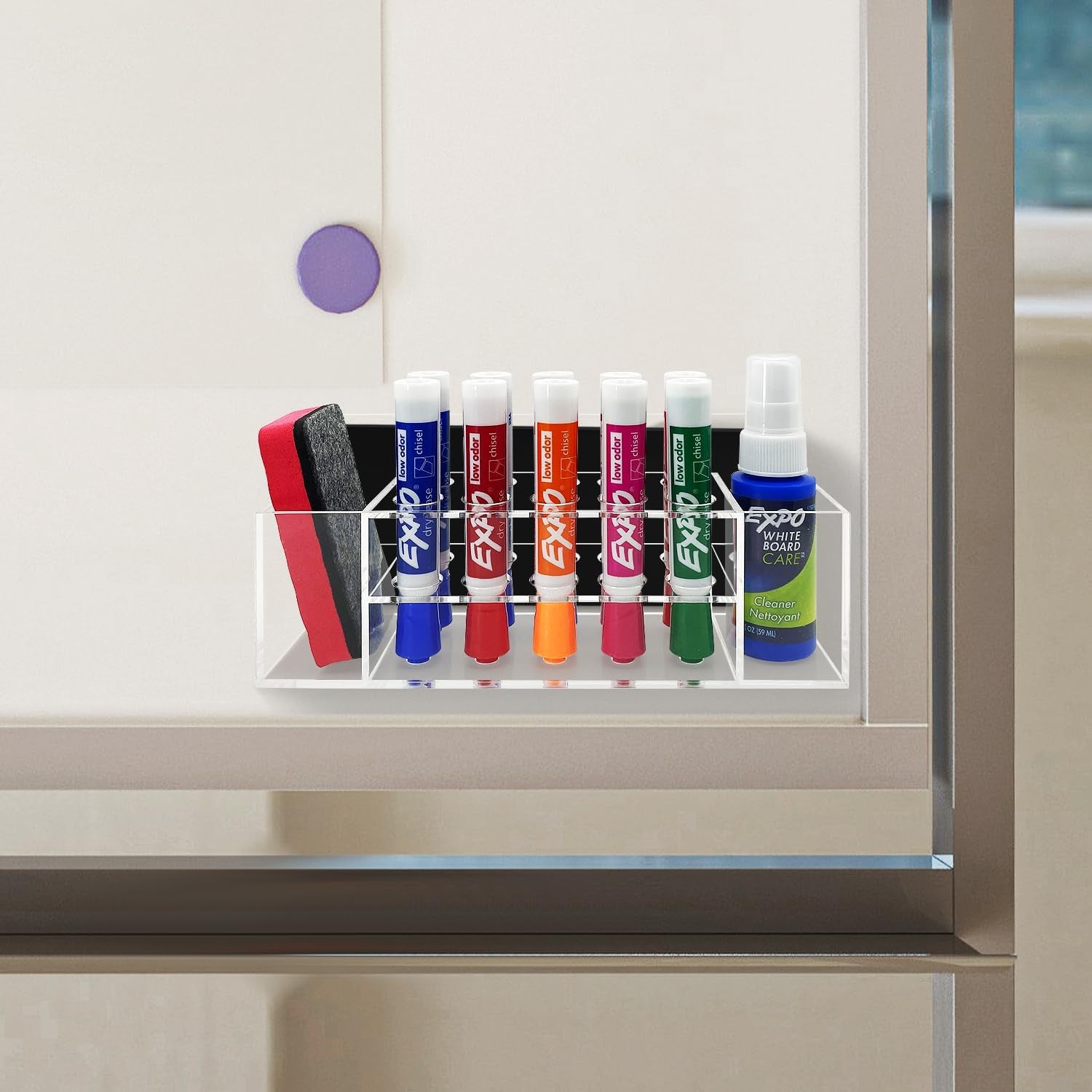 Acrylic Magnetic Dry Erase Marker Holder, 10 Slots Clear Magnetic Marker Holder, Whiteboard Marker Holder, Magnetic Pen Holder for Office, School, Home, Marker,Eraser,Cleaner Not Included