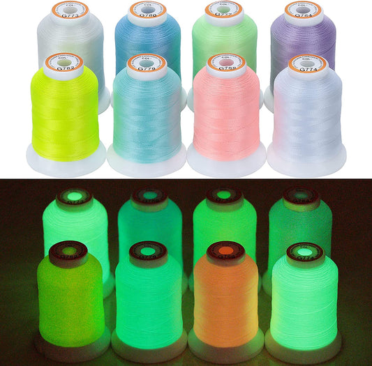 8 Colors Luminary Glow in the Dark Embroidery Machine Thread Kit 30WT 500M(550Y) Each Spool for Embroidery, Quilting, Sewing