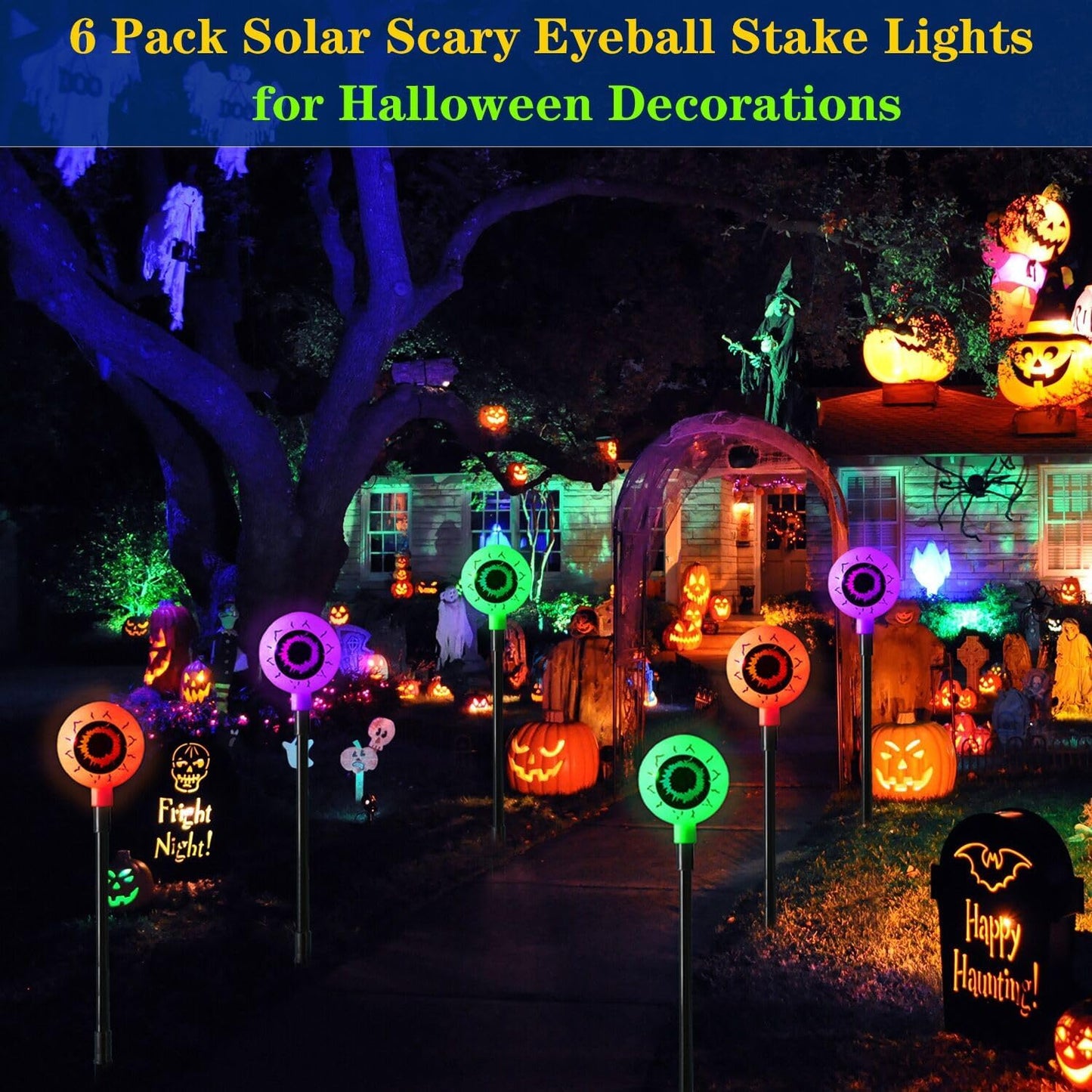 Outdoor Halloween Decorations Set of 6 Solar Garden Lights, Scary Eyeball Solar Landscape Pathway Stake Lights, 8 Modes Waterproof Halloween Lights for Halloween Party Home Yard Patio Decorations