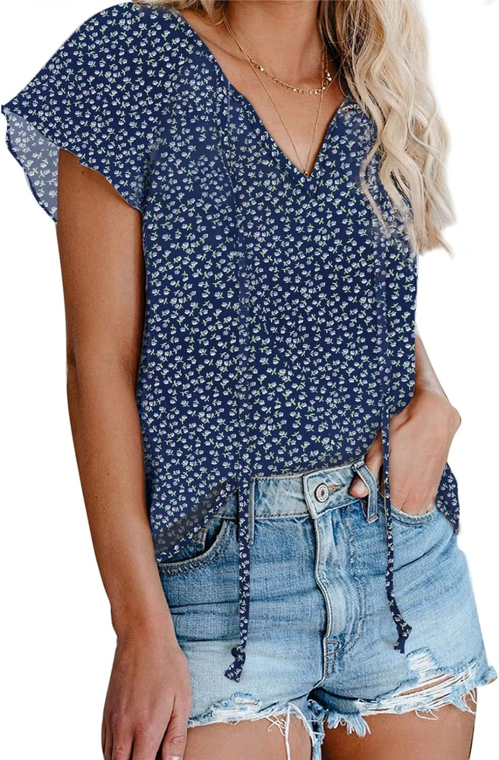 Women'S Casual Boho Floral Printed V Neck Tops Drawstring Short Long Sleeve T Shirt Blouses