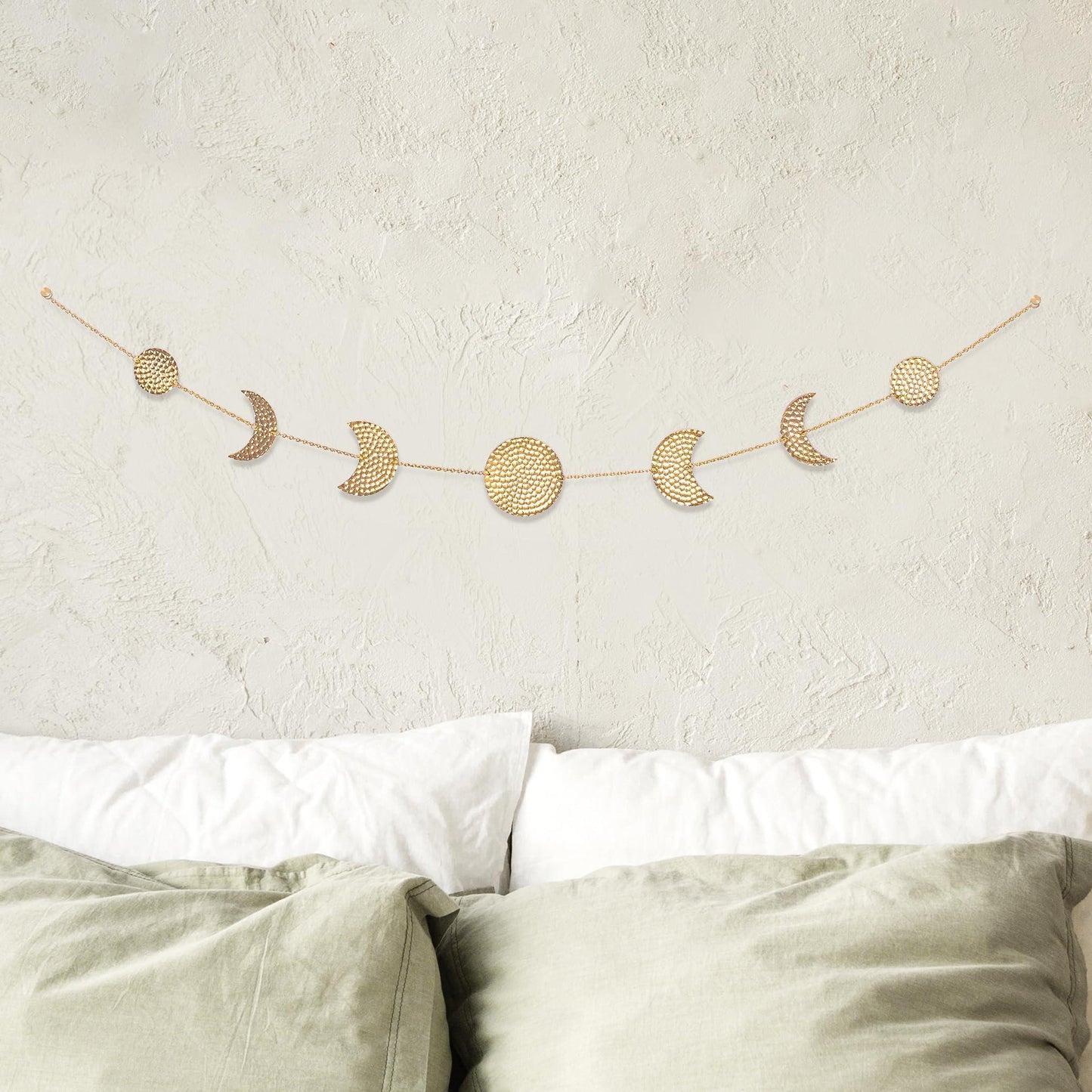 Moon Phase Wall Decor Hanging Garland   7 Gold Hammered Metal Boho Wall Decor