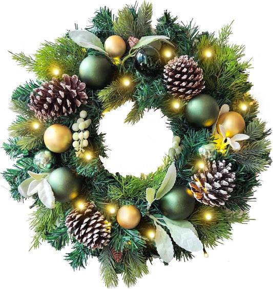 Pre-Lit 20 Inch Lighted Christmas Wreath for Front Door Decoration with Green Gold Christmas Ball Ornaments,Battery Operated 30 LED Lights