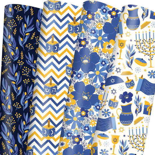 Hanukkah Wrapping Paper Blue Menorahs Floral Candles Design Gift Wrap Folded Flat for Chanukkah Holiday Party Celebration - 20 X 28Inches per Sheet(8 Pack)