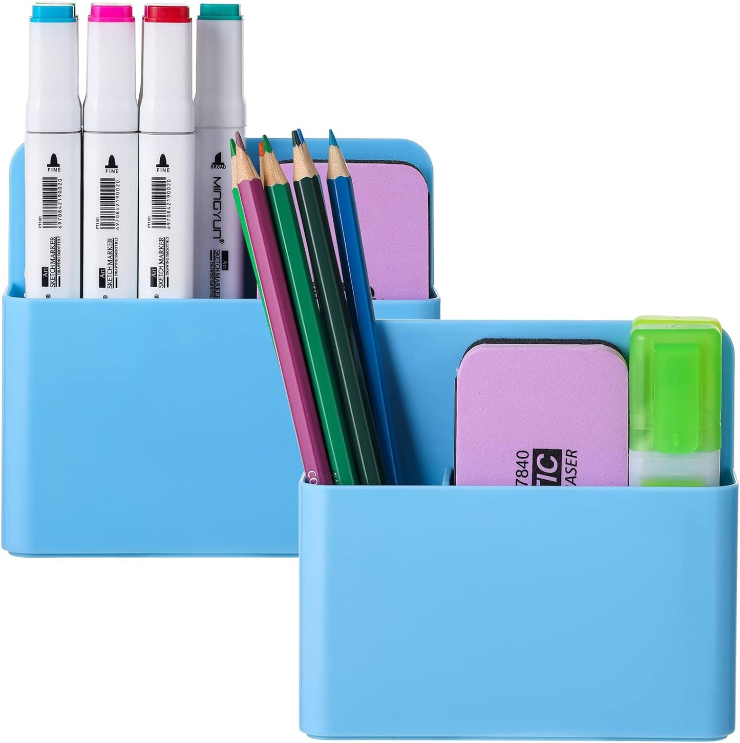 Magnetic Dry Erase Marker Holder,Pen and Eraser Holder for Whiteboard，Magnet Pencil Cup Utility Storage Organizer for Office, Refrigerator, Locker and Metal Cabinets (2 Pack)