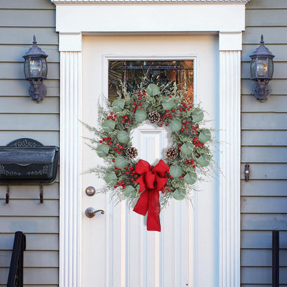 20 Inch Artificial Christmas Wreath Christmas Wreaths for Front Door with Pine Needles Pine Cones Red Berries Eucalyptus Leaves Red Bow for Home Office Wall Window Fireplace Winter Holidays