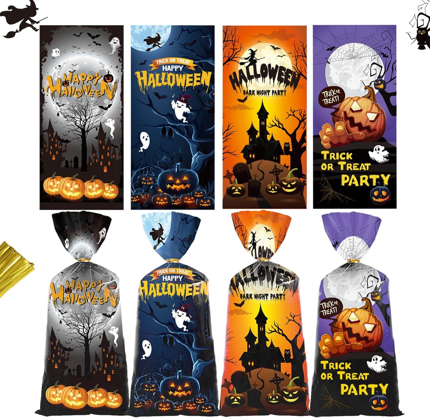 Halloween Treat Bags | 50 Pcs Cellophane Bags with Fun Scary Designs | Pumpkins, Witches Cello Bags | Halloween Party Decorations, Spooky Trick or Treat Bags