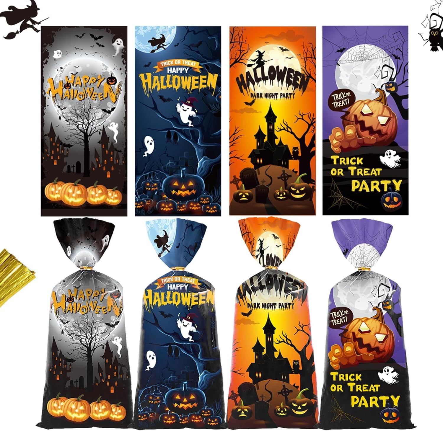 Halloween Treat Bags | 50 Pcs Cellophane Bags with Fun Scary Designs | Pumpkins, Witches Cello Bags | Halloween Party Decorations, Spooky Trick or Treat Bags