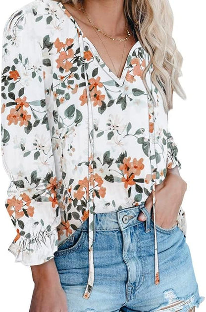 Women'S Casual Boho Floral Printed V Neck Tops Drawstring Short Long Sleeve T Shirt Blouses