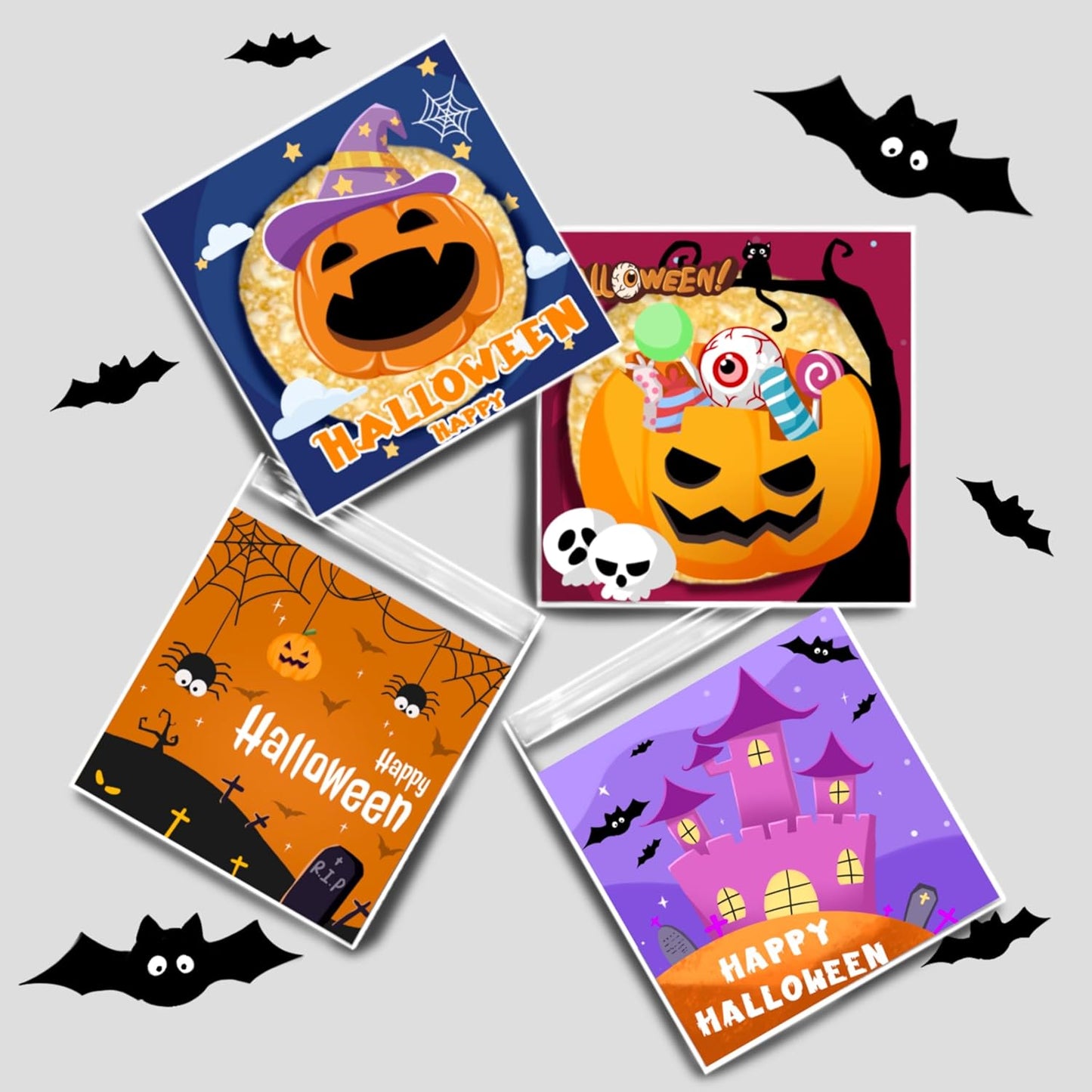 100 Pcs Halloween Treat Bags 4'' X 4'' Halloween Cellophane Bags, Trick or Treat Candy Goodie Bags for Holiday Halloween Party Favors Supplies