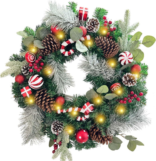 Pre-Lit 24 Inch Lighted Christmas Wreath for Front Door Red White Christmas Door Wreath Decoration with Ball Ornaments, Candy Canes,Eucalyptus Leaves, Battery Operated 30 LED Lights