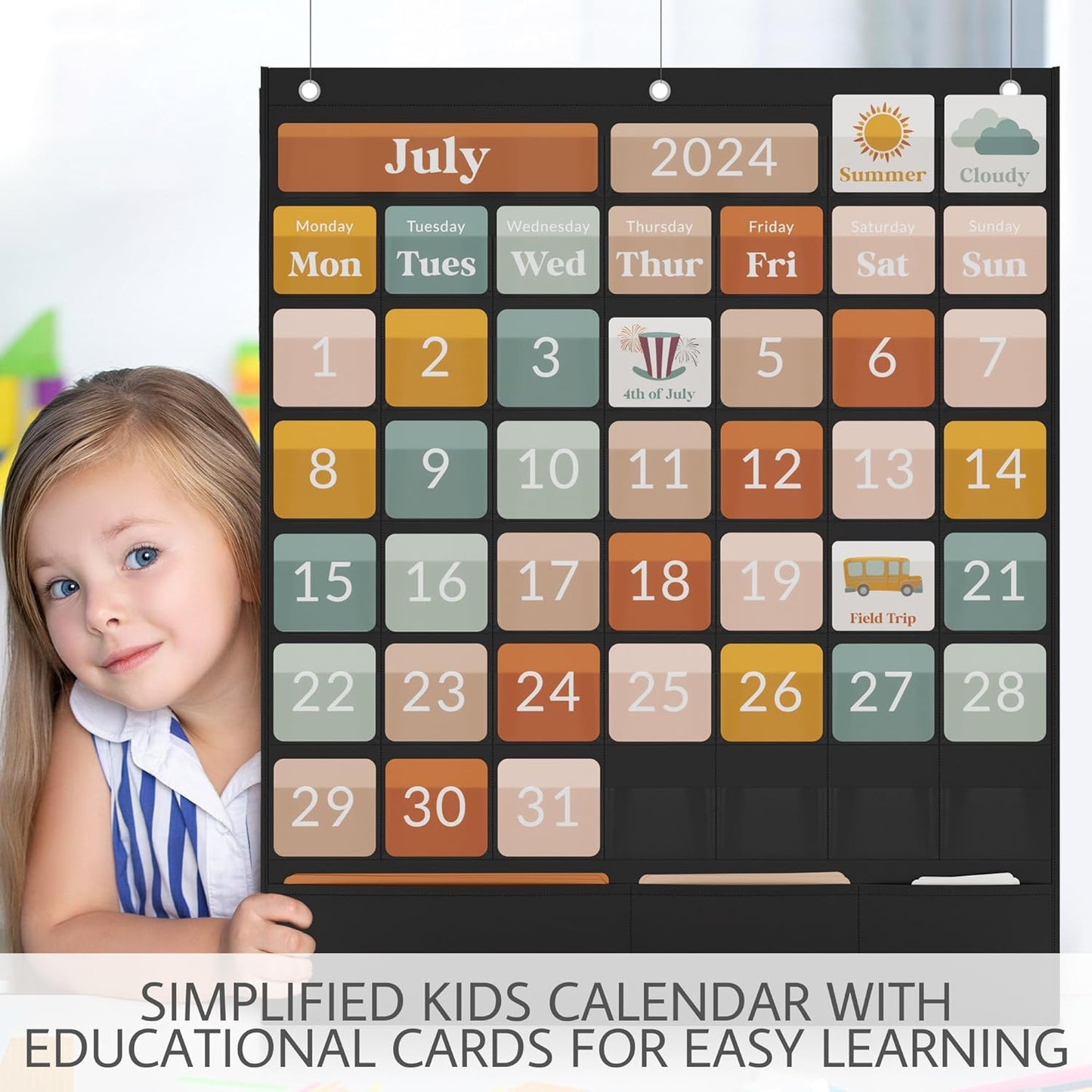 The Ultimate Classroom Calendar Pocket Chart for Kids - Simplified Calendar with Educational Cards for Easy Learning - Fun Boho Classroom/Teacher Must Have Supplies That Fits Nicely W/Any School Decor