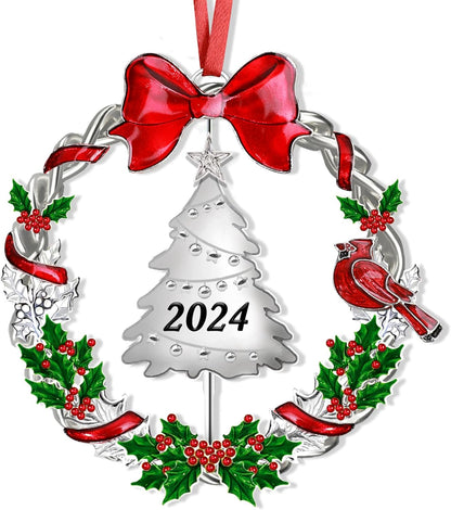 Christmas Ornament 2024 for Christmas Tree Decorations，Dated 2024 Christmas Wreath Ornament with Rotatable Tree for Holiday Decorative Keepsake Gift(Metal,1 Pack)