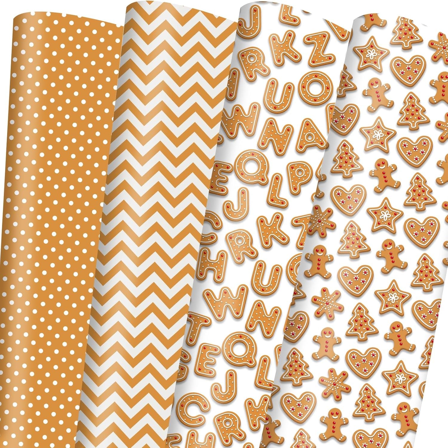 Gingerbread Wrapping Paper Brown Xmas Gift Wrap with Cookies Polka Dots Design for Christmas Holiday Party Celebration - 20 X 28Inches per Sheet(8 Pack)