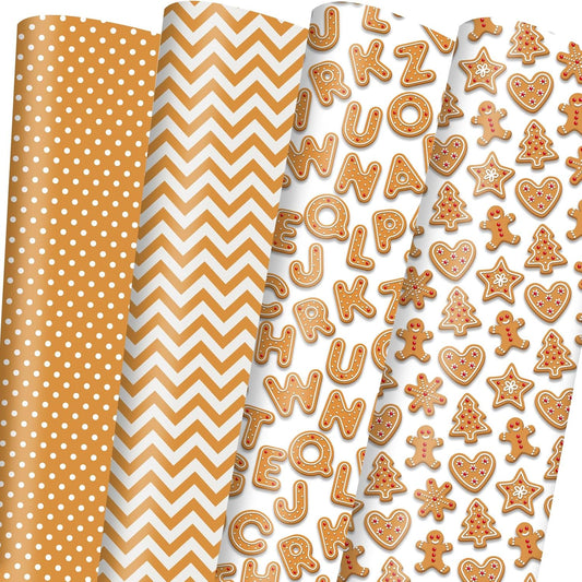 Gingerbread Wrapping Paper Brown Xmas Gift Wrap with Cookies Polka Dots Design for Christmas Holiday Party Celebration - 20 X 28Inches per Sheet(8 Pack)