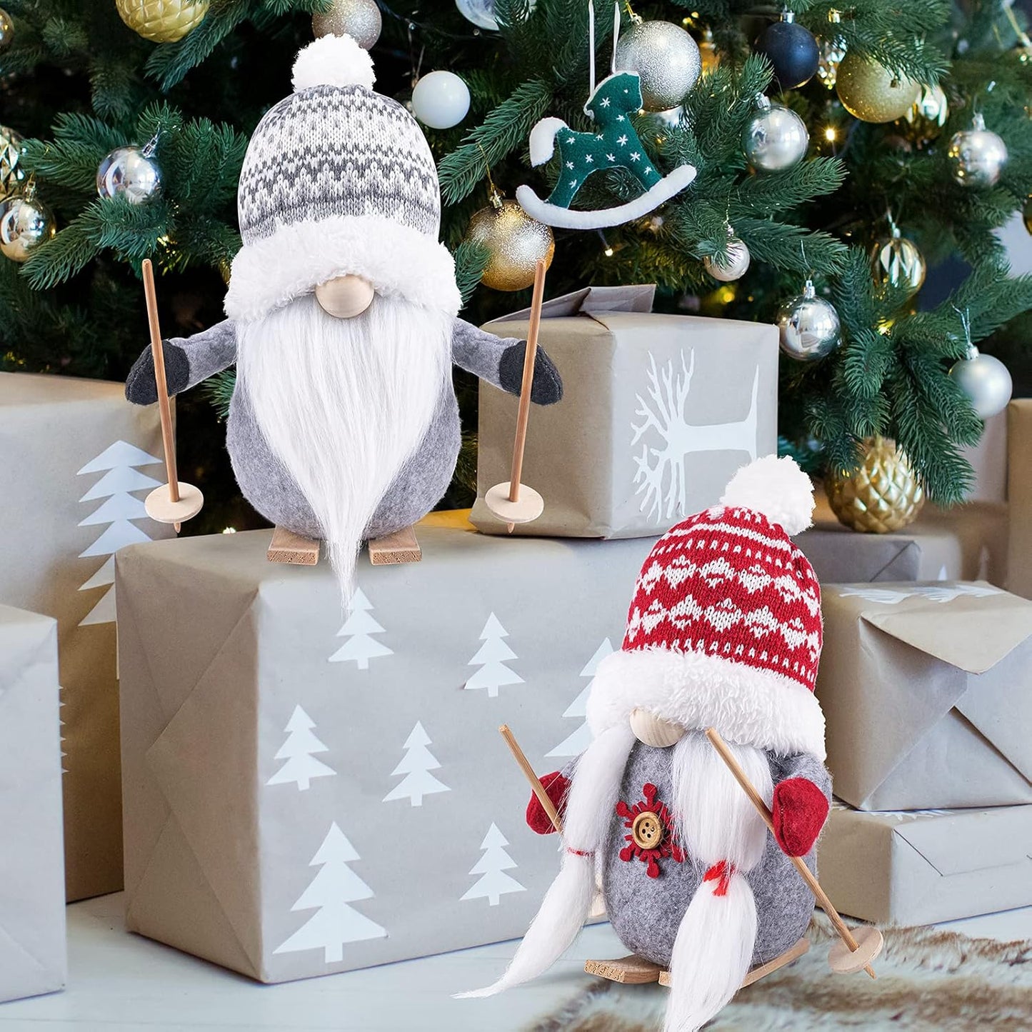 2Pack Sled Christmas Gnomes Plush with Wood Skis and Ski Poles, Handmade Swedish Tomte Santa Scandinavian Figurine Nordic Plush Elf Doll Gnome Ornaments Christmas Decorations Home Decor