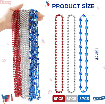 4Th of July Beaded Necklace, 24Pcs Patriotic Star Bead Necklaces Red Silver and Blue Accessories,Fourth of July Beads for Independence Day,Memorial Day Patriotic Parades,Party Decor Supplies