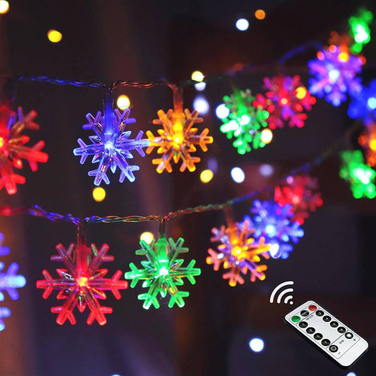 Christmas Lights Multicolor, 20 FT 40 LED Multi Colored Snowflake String Lights, Battery Operated 8 Modes Colorful Holiday Hanging Lights, Bedroom Room Xmas Tree Decor Indoor Outdoor Decorations