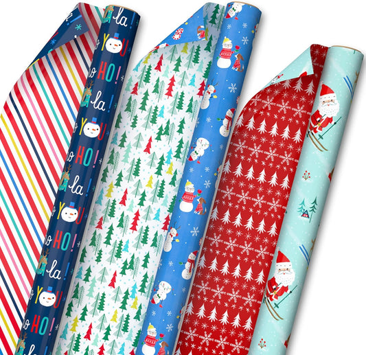 Reversible Christmas Wrapping Paper for Kids (3 Rolls: 120 Sq. Ft. Total) Snowmen, Stripes, Trees, Skiing Santa, Zebras, Hedgehogs, Penguins