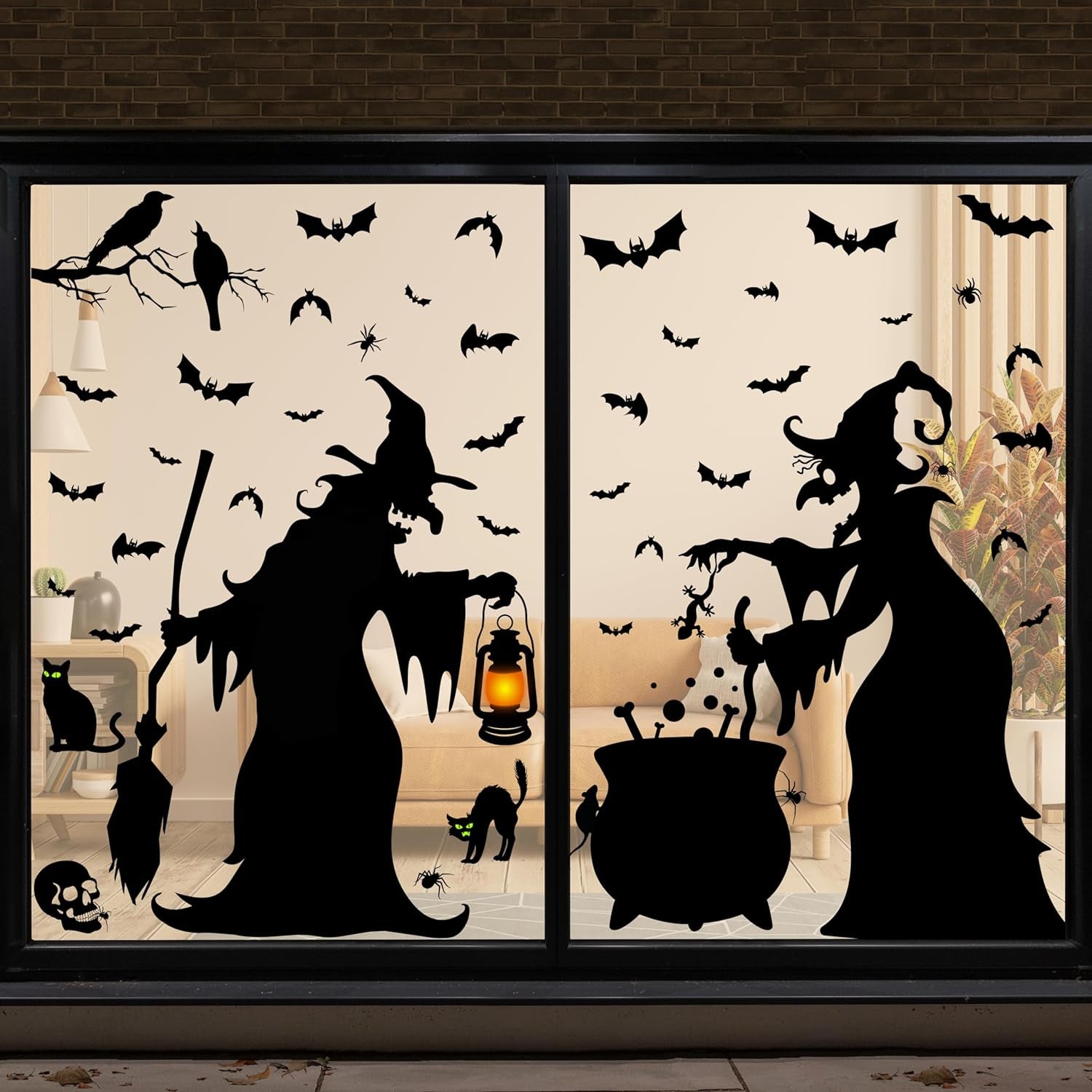 Halloween Decorations Window Clings - Large Witches with Cauldron Bats Spider Black Cat Silhouette Halloween Window Stickers Decals for Home Indoor Office Party Decor Supplies