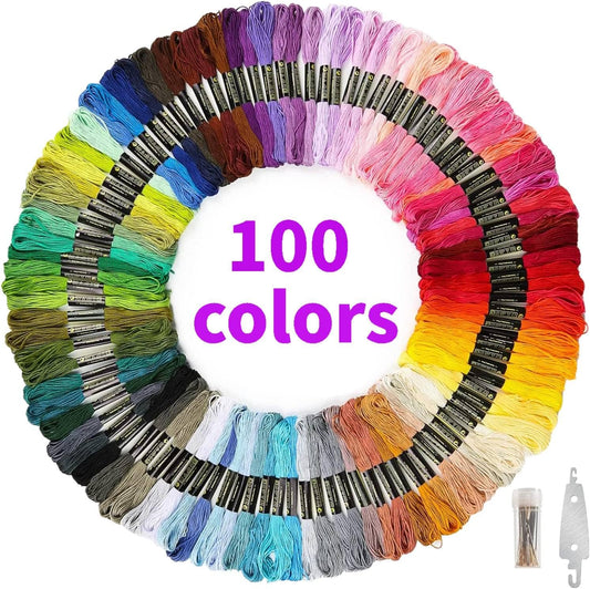 100 Skeins Professional Rainbow Color Embroidery Floss with 30 Pcs Needles and I Pcs Threader, Embroidery Thread Kits for Cross Stitch, Bracelet Friendship and Craft Floss