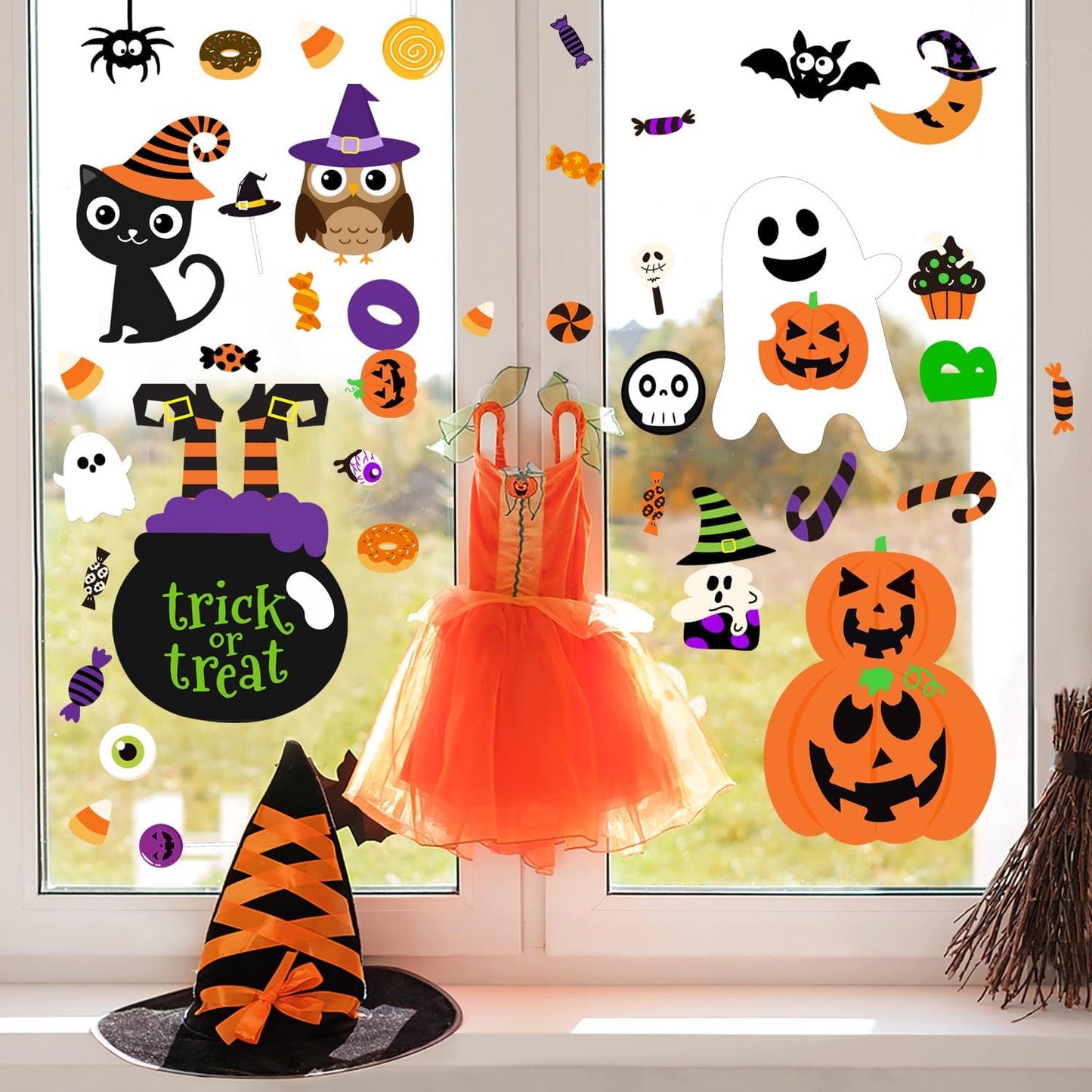 6 Pcs Halloween Window Clings Halloween Window Decorations Cute Pumpkin Ghost Halloween Window Stickers Halloween Window Decals for Halloween Party Decorations