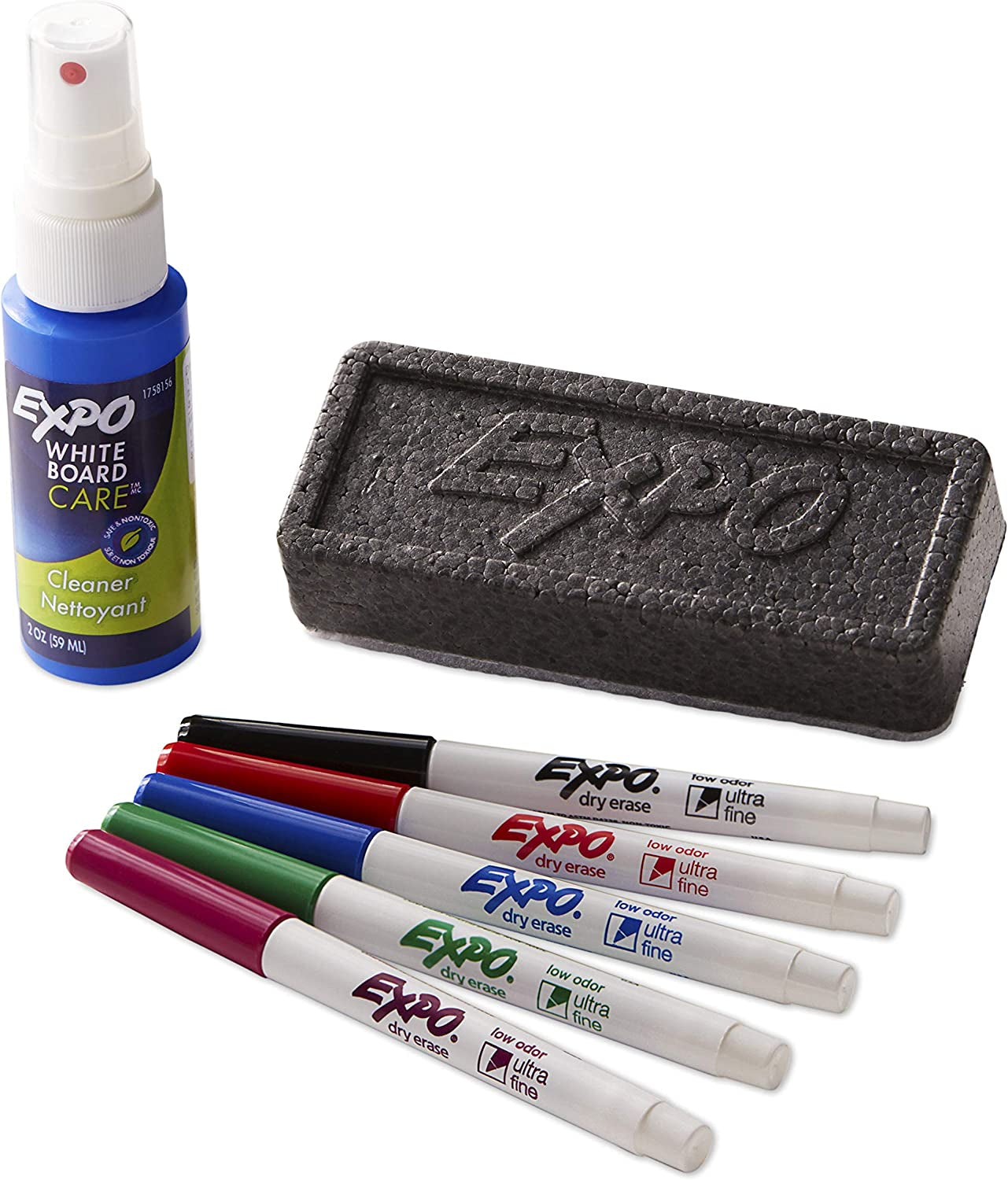 Low Odor Dry Erase Marker Set with White Board Eraser and Cleaner, Chisel Tip Dry Erase Markers, Assorted Colors, 6 Piece Set with Whiteboard Cleaner