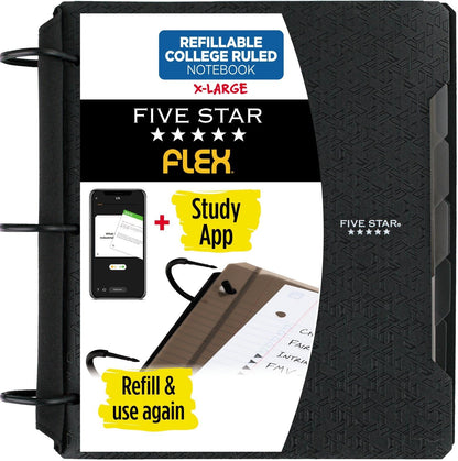 Flex Refillable Notebook + Study App, College Ruled Paper, 1-1/2 Inch Techlock Rings, Pockets, Tabs and Dividers, 300 Sheet Capacity, Black (29324AA2)