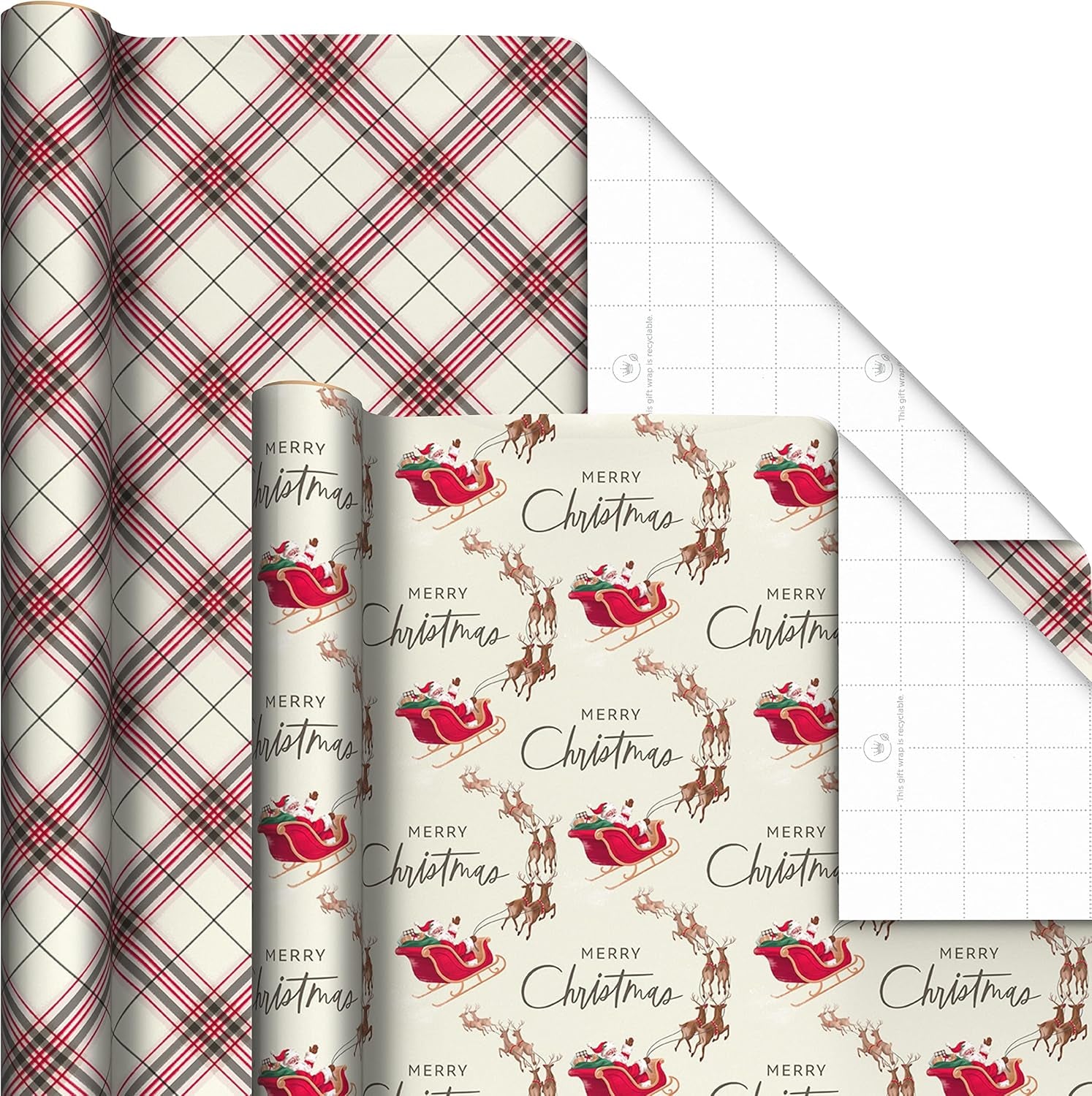 Rustic Recyclable Christmas Wrapping Paper (6 Rolls: 180 Sq. Ft. Total) Red, White and Hunter Green Plaid, Poinsettias, Snowflakes, "Merry Christmas," Snowman, Santa