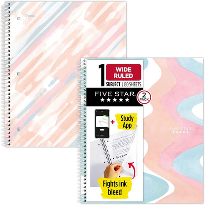 Spiral Notebooks + Study App, 2 Pack, 1 Subject, Wide Ruled Paper, 10-1/2" X 8", Brushy Move (930060FA-RSP)