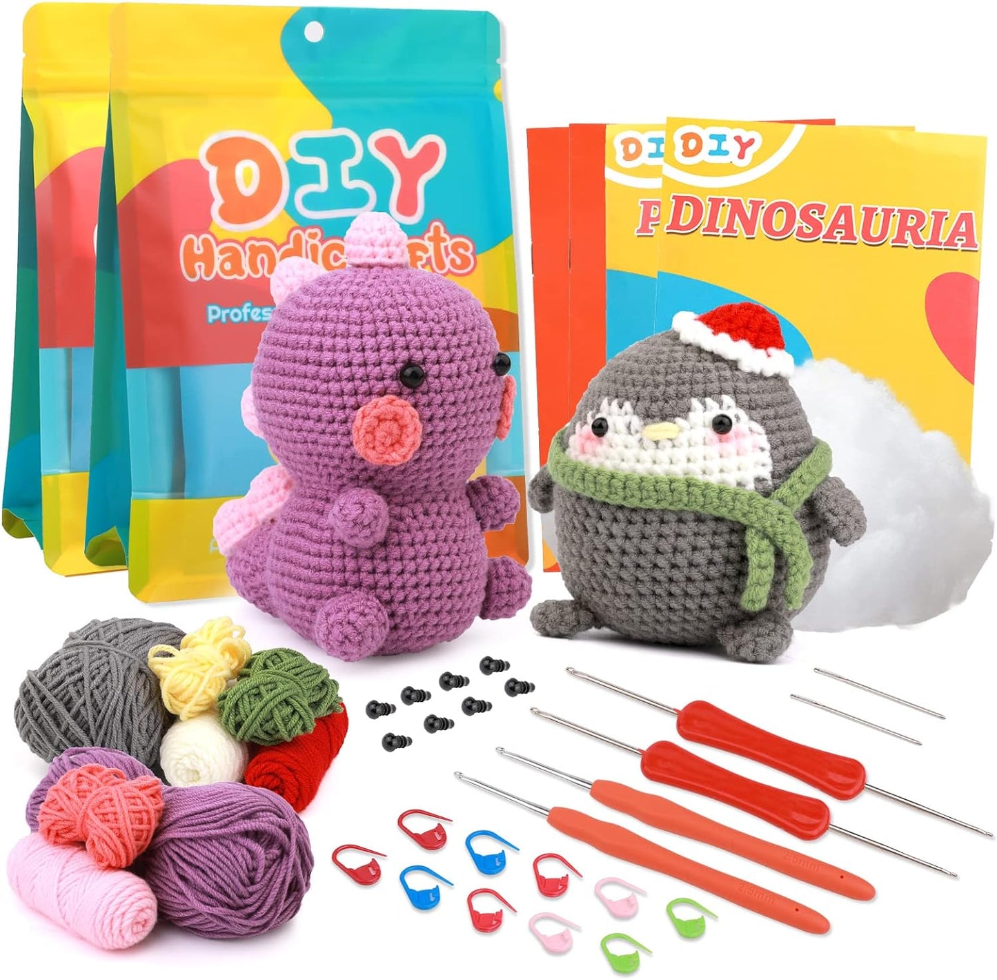 Beginners Crochet Kit, Crochet Animal Kit, Knitting Kit with Yarn, Polyester Fiber, Crochet Hooks, Step-By-Step Instructions Video, Crochet Starter Kit for Beginner DIY Craft Art (Dinosaur)