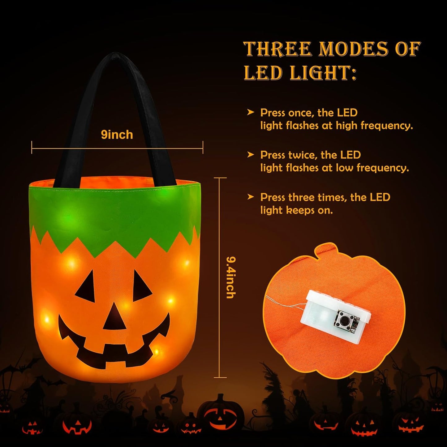 2 Pieces Halloween Candy Bucket with LED Light Trick or Treat Buckets Halloween Reusable Pumpkin Green Monster Candy Gift Baskets Party Supplies Favors (Orange & Green)