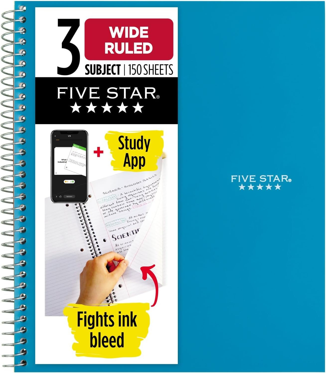 Spiral Notebook + Study App, 3 Subject, Wide Ruled Paper, 150 Sheets, 10-1/2" X 8" Sheet Size, Tidewater Blue (73184)