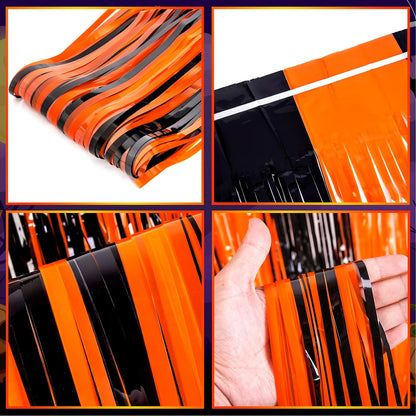 3 Pack Orange Black Photo Booth Props 3.3 X 6.6 Ft Halloween Foil Fringe Curtains Halloween Party Photo Backdrop Streamers Backdrop for Birthday Anniversary Party Halloween Party Decoration