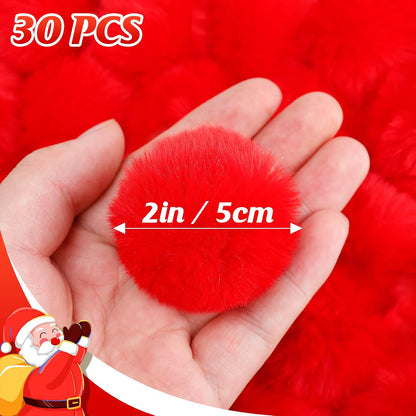 30 Pcs Christmas Yarn Pom Poms Fluffy Balls - Soft Faux Rabbit Fur Pompoms, Reusable Plush Puff Balls for DIY Xmas Handmade Crafts Gifts Costume Party Decorations (Red 2 Inches)