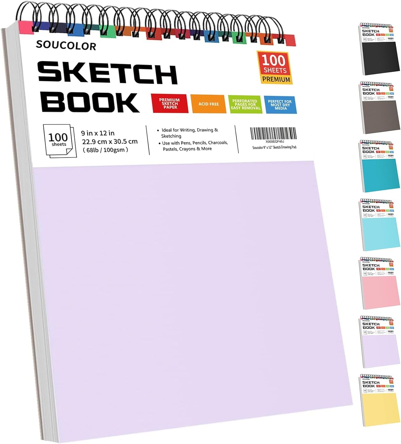 9" X 12" Aesthetic Sketch Book, 1-Pack 100 Sheets School Supplies Cute Sketchbook for Women, Japanese Stationary Sketching Supplies for Kids Teen Girl Gifts Birthday Gifts, Pastel Purple