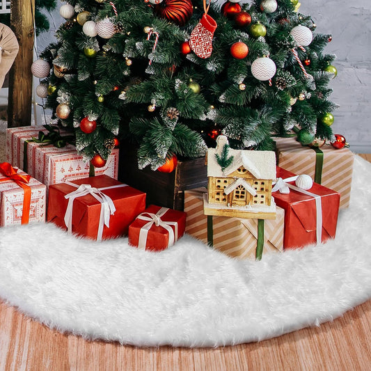 Christmas Tree Skirt - 35.4" White Luxury Soft Faux Fur Tree Skirt, Large Christmas Tree Skirts, Pets Favors for Xmas Tree Decorations and Ornaments Fluffy Long Fur