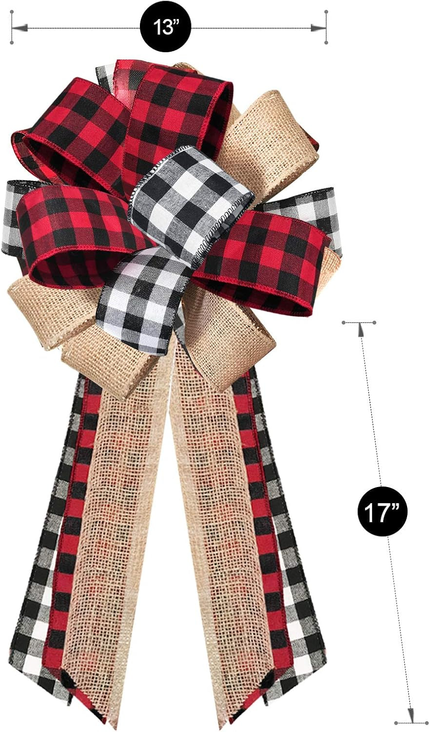 Christmas Tree Topper - Buffalo Plaid Red Black Burlap Decorative Bow - Rustic Farmhouse Xmas Decorations Home Decor - Handmade