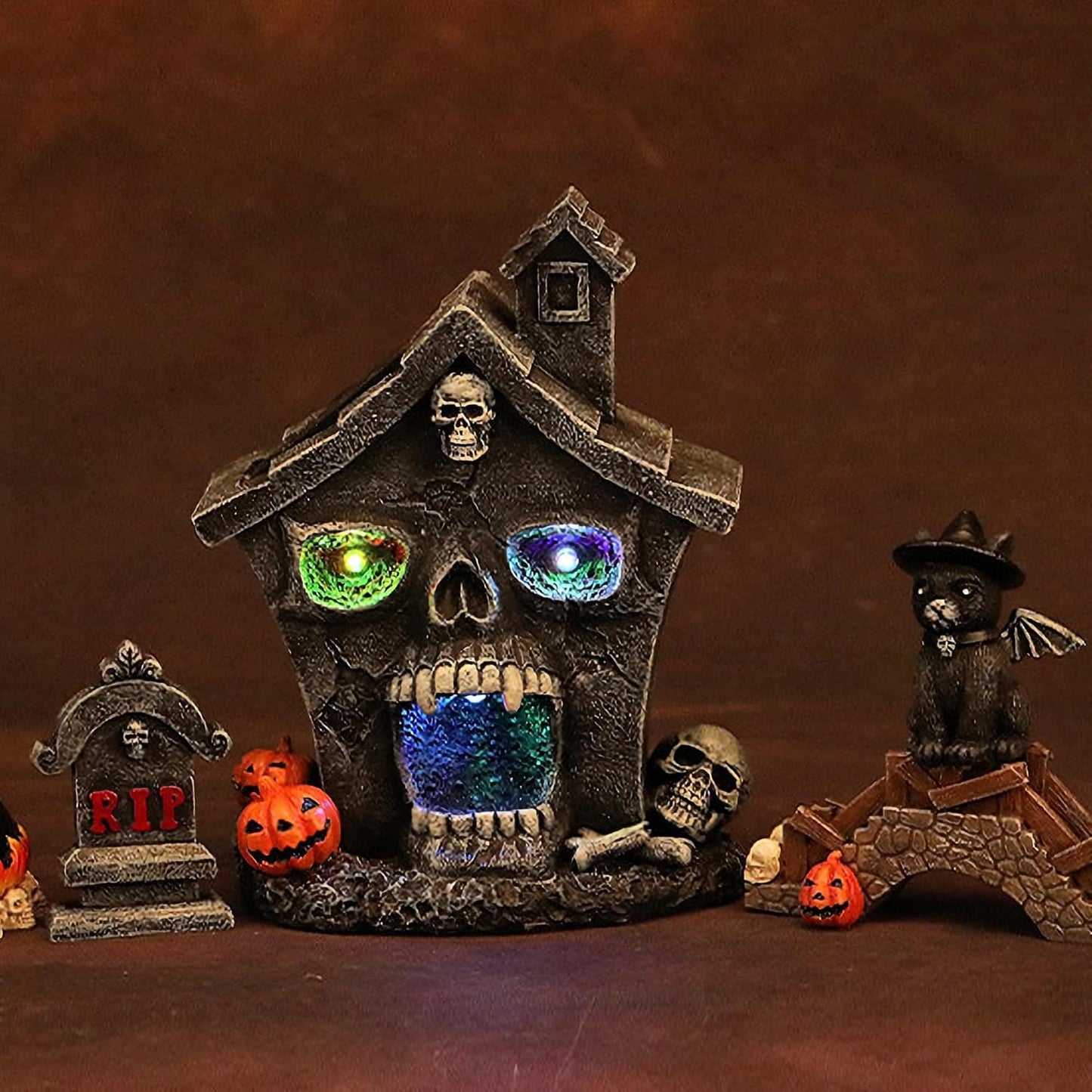 Halloween Skull Head Haunted House Village Figurine Decoration Resin Mansion Lighted Table Decor for Home Kitchen Fireplace Office Desk Indoor Yard Lawn Outdoor Ornaments Party Props