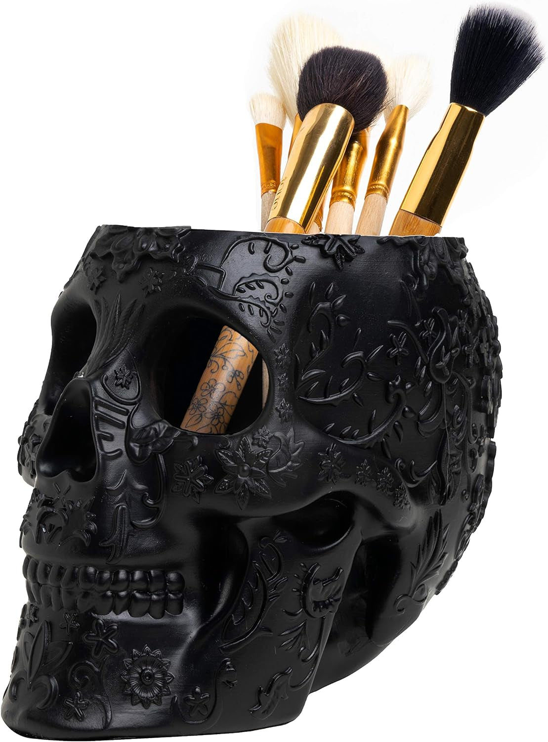 Skull Makeup Brush and Pen Holder Extra Large, Strong Resin Extra Large Halloween (Pink)