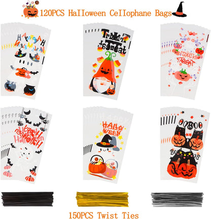 120PCS Halloween Cellophane Treat Bags,Halloween Clear Cellophane Trick or Treat Candy Gift Cookie Bags with Twists for Halloween Party Favors Supplies