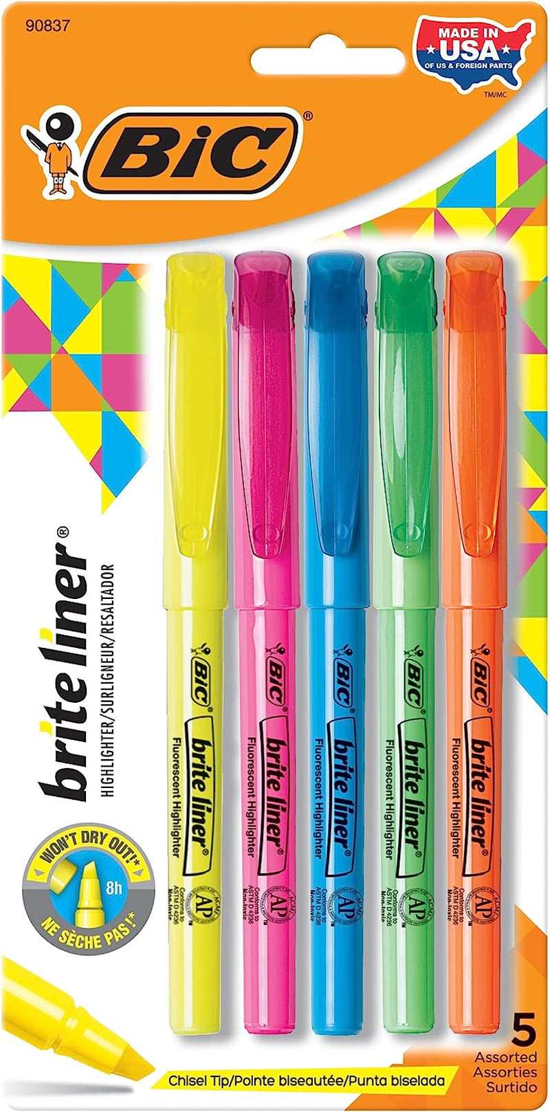 Brite Liner Highlighters, Chisel Tip, 5-Count Pack of Highlighters Assorted Colors, Ideal Highlighter Set for Organizing and Coloring