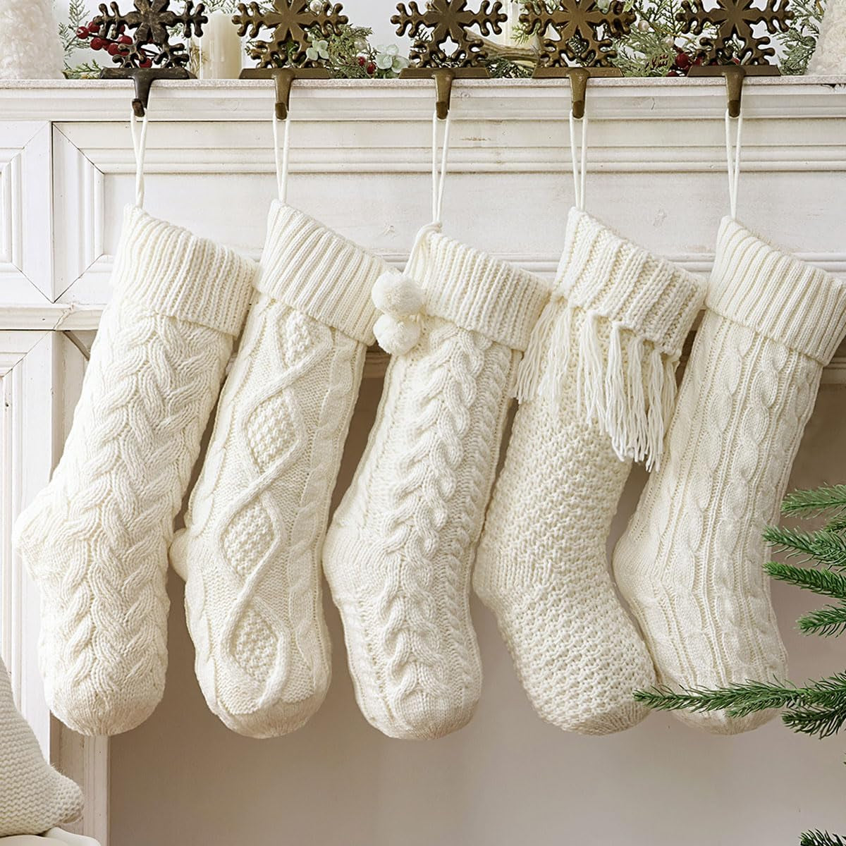 Farmhouse Knitted Christmas Stockings: 5 Pack 18 Inch Rustic Cable Knit Fireplace Stockings, Cozy Hanging Xmas Stockings Boho Style Stocking Decorations for Family Holiday Décor, White Beige